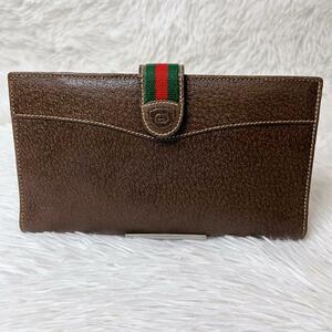 【美品】OLD GUCCI オールドグッチ レザー シェリーライン ブラウン 三つ折り 長財布 メンズ レディース 男女兼用 シンプル 