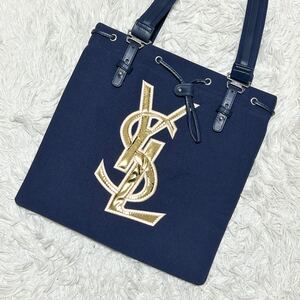 ●高級●Yves Saint Laurent イヴサンローラン トートバッグ 鞄 かばん ゴールドロゴ A4 肩掛け可 キャンバス ネイビー 