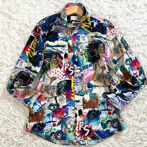 未使用級 21ss 現行タグ Paul Smith ポールスミス 長袖シャツ ドレス 総柄 パルプコミックプリント マルチカラー オーガニックコットン 白