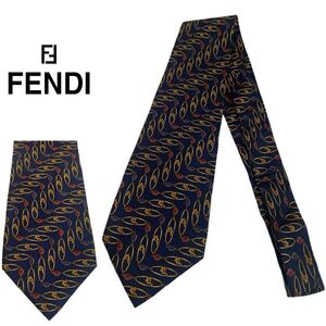 FENDI VINTAGE フェンディ ヴィンテージ MADE IN ITALY イタリア製 チェーン柄 装飾 総柄 シルクネクタイ ネクタイ ネイビー アーカイブ