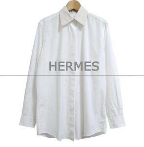 美品 HERMES エルメス サイズ36 コットン 比翼ボタン 長袖 シャツ ブラウス ベージュ×オフホワイト