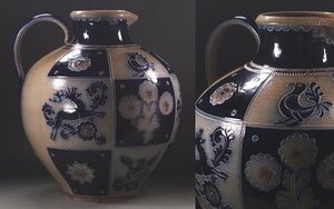 ∇花∇ドイツ塩釉炻器 草花鹿鳥文手付花瓶 H39cm