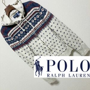 Polo ラルフローレン◆ノルディック ネイティブ スウェット パーカー M オートミール インディゴブルー エンジ ワッフル生地 Ralph Lauren