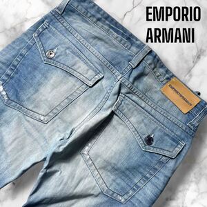 希少XL!!!美品!!! EMPORIO ARMANI デニムパンツ 青色金具 イーグルロゴ レザーパッチ ジーパン ボトムス 黒タグ エンポリオアルマーニ 50