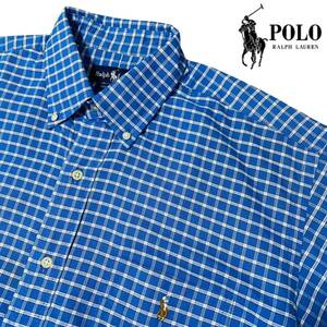 超BIG◆XXLサイズ相当【POLO RALPH LAUREN】半袖BDシャツ 青/ブルー お洒落なギンガムチェック柄 ラルフローレン ロゴ刺繍 美品◎