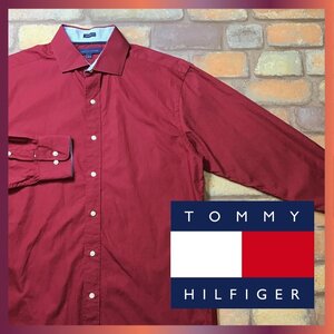 ME9-482★アメリカ買付商品★美品【TOMMY HILFIGER】ホリゾンタルカラー 長袖シャツ【メンズ M】赤 ワイドカラー ブランドシャツ