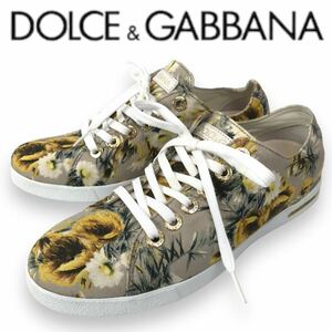 m5 良品 DOLCE&GABBANA ドルチェ&ガッバーナ スニーカー ローカット シューズ 花柄 フラワー キャンバス ベージュ ゴールド 35.5 正規品