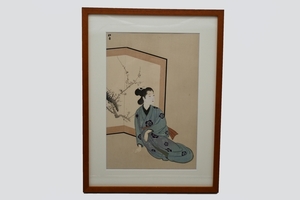 湯川松堂 [ 美人画 ] ■ 屏風 日本美人 木版画 明治35年頃 レトロ コレクター整理品■ 額入 布袋 紙箱入り[真作] №9528■