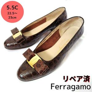 良品フェラガモ【Ferragamo】ヴァラ クロコ型押し パンプス 濃茶