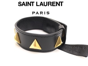 7万新品◆S◆Saint Laurent◆黒レザー×ゴールドスタッズバングル【サンローラン】1円