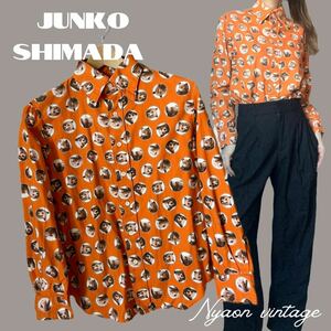 JUNKO SHIMADA ジュンコシマダ 長袖 シャツ 総柄 熊 bear グリズリー プリントシャツ 秋冬 個性的 デザイン ヴィンテージ 90s 希少オレンジ