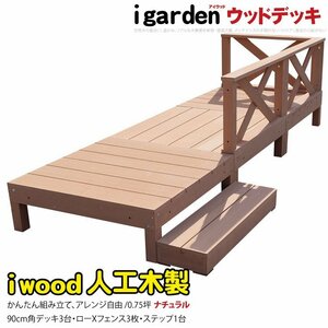 igarden アイウッドデッキ 7点セット(デッキ3・クロスローフェンス3・90ステップ1)0.75坪 ナチュラル 樹脂製 テラス DIY 庭 -3d3x1s