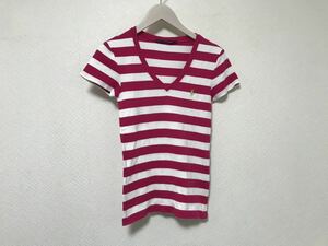 本物ラルフローレンRALPH LAURENボーダー柄Vネック半袖Tシャツレディース白ピンクサーフミリタリーアメカジS