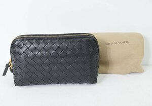 2355-24R0125★ボッテガ・ヴェネタ BOTTEGA VENETA 美品★最高級ラムレザー イントレチャート 化粧ポーチ 黒 保存袋付き 定価29700円