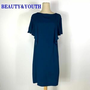 ビューティー&ユース 半袖フリルロングワンピース ブルーBEAUTY&YOUTH M～L相当 ノースリーブワンピース光沢ネイビーブルー 裏地付きC4546