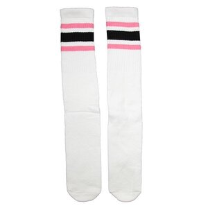 SkaterSocks ロングソックス 靴下 ソックス スケボー Knee high White tube socks with BubbleGum Pink-Black stripes style 3 (25インチ)