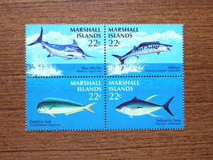 マーシャル諸島切手　魚４種ブロック未使用　ニシクロカジキ、カマスサウラ、シイラ、キハダ　1986年