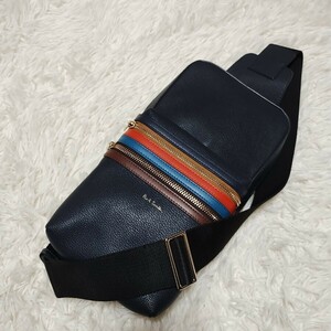 Paul Smith ポールスミス ビジネス ボディバッグ ショルダー クロスボディ 斜め掛け マルチストライプ レザー スリング シボ革 黒