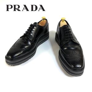 【極美品】PRADA プラダ レザー 外羽根 ドレス シューズ 革靴 ウイングチップ プラットフォーム 2EG015 9 28cm相当 ブラック イタリア製