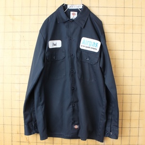 80s 90s USA Dickies ディッキーズ ワッペン ワーク シャツ ネイビー ブルー メンズS 長袖 アメリカ古着