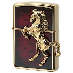 Zippo ジッポライター 馬 ホース 2面連続メタル ウイニング ウィニー ゴールドプレート レッドマーブル ゴールドタンク ディープレッド