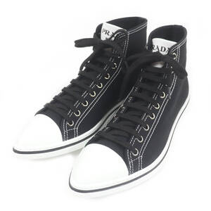 極美品□PRADA プラダ 2TG177 POINTY HIGH-TOP SNEAKERS SHOES キャンバス レザー ハイカットスニーカー ブラック 5.5 イタリア製