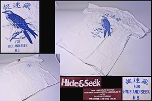 HIDE AND SEEK ★ Tシャツ ★ 捉迷藏 ★ H.S. ★ 白 ★ M ★ 綿100% ★ 中国語ロゴ ★ 水色ロゴ＆イラスト ★ 鳥 ★ EAGLE ? ★ 中古品 ★