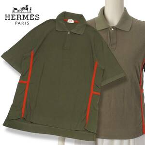 国内正規品 HERMES エルメス 3054 Ashmark S/S polo shirt 半袖コットン ポロシャツ アッシュマーク セリエボタン XL カーキ メンズ