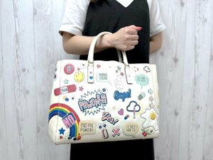 極美品 ANYA HINDMARCH アニヤハインドマーチ オールオーバーステッカーズ トートバッグ ハンドバッグ バッグ レザー アイボリーA4可 75222