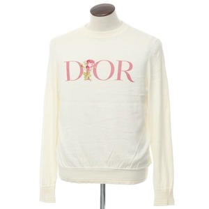 【中古】ディオール Dior シルクコットン クルーネック プルオーバーニット オフホワイトxピンク【サイズL】