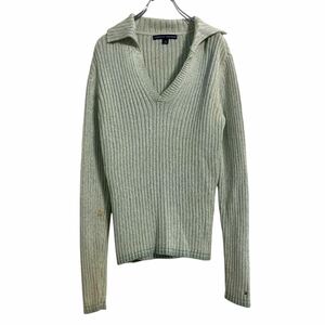 a611-7602 TOMMY HILFIGER コットン ニット セーター レディース M ライトグリーン トミーヒルフィガー Vネック リブ 古着卸 アメリカ仕入