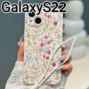 GalaxyS22 ケース　小花柄　クリーム　ストラップ付き