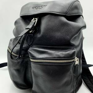 1円〜 極美品 コーチ COACH メンズ リュックサック バッグパック デイパック A4収納 大容量 ダブルポケット ロゴ型押し ブラック