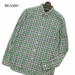 BEAMS+ ビームス プラス 通年 長袖 チェック★ ボタンダウン シャツ Sz.S　メンズ 日本製 緑　C3T06932_8#C