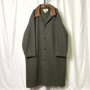 90s USA製 Eddie Bauer ウール コート XL ビッグサイズ ヘリンボーン 襟レザー 白タグ エディーバウアー 80s 00s 古着 オールド ビンテージ