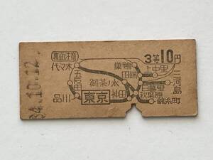 昔の切符　きっぷ　硬券　乗車券 　東京駅発行　東京から　3等10円　サイズ：約2.5×約5.8㎝　S34　　HF5650　　　　くるり岸田繁