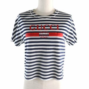 美品★GUCCI グッチ 24年製 789314 コットン100％ ロゴプリント ストライプ 半袖Ｔシャツ ネイビー ホワイト XS 箱付き 伊製 レディース