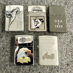 H091 まとめ ▲ Zippo ジッポー オイルライター 5点セット ハーレー ティラノサウルス ベスパ バイク 他 喫煙具 5点火花あり