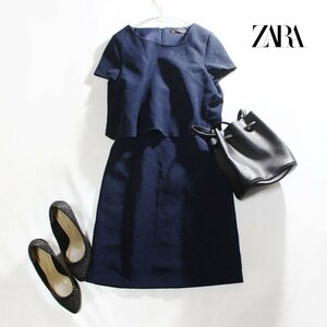 美品 ZARA ザラ 夏 ジャージ― 重ね着風 半袖 ワンピース S ネイビー 紺 フォーマル 綺麗め シンプル 無地