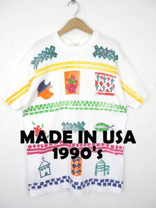 90s USA製 レディース ビッグ Tシャツ ★ 魚 鳥 教会 幾何学模様 オーバーサイズ ワンピース ロング アメリカ製 90年代