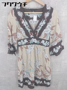 ◇ BCBGMAXAZRIA シルク100% 総柄 七分袖 ミニ ワンピース サイズXS ベージュ マルチ レディース