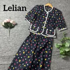 Lelian レリアン　セットアップネイビー　半袖果物ドッド柄M フレアスカート