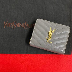 極 美品 希少品 SAINT LAURENT PARIS サンローランパリ ラウンドジップ YSL ロゴ 金具 レザー 二つ折り財布 ミニ ウォレット グレー 79403