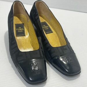 美品 ■ FENDI フェンディ ズッカ柄 キャンバス×レザー パンプス ヒール 黒 レディース靴