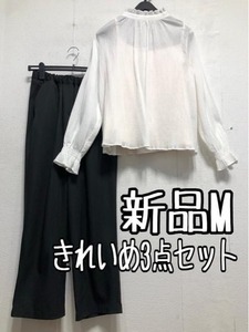 新品☆M透け感トップス＆インナー＆パンツ♪3点セット♪お出かけ・きれいめ☆b475