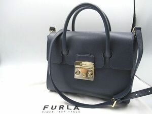 ★☆FRULA フルラ メトロポリス ハンド ショルダー 2wayバッグ ネイビー系 ゴールド金具 中古 美品 保存袋有 レディース 斜め掛け☆