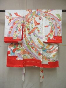 1円 良品 正絹 女児 子供着物 縮緬 七五三 和装 和服 産着 大熨斗 束ね熨斗 高級 袷 身丈102cm 身巾47cm【夢職】★★★