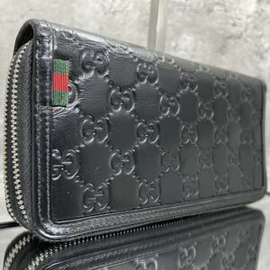 【極美品/ダブルジップ】 GUCCI グッチ 長財布 メンズ ビジネス ラウンドファスナー シマ シェリーライン オーガナイザー 本革 ブラック 黒