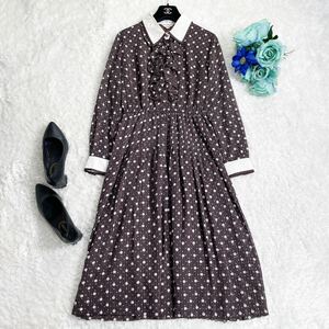 美品★レリアン Leilian★さらりとした着心地★フリル*ビジューボタン★ドット柄*ロングシャツワンピース ブラウン 〜SIZE11 L相当〜