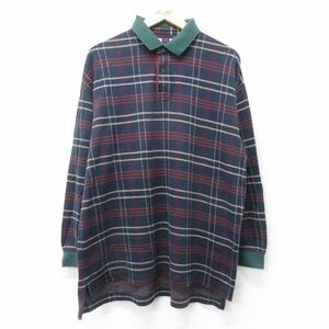 XL/古着 長袖 ポロ シャツ メンズ 大きいサイズ コットン 濃紺他 ネイビー チェック 24feb24 中古 トップス 2OF